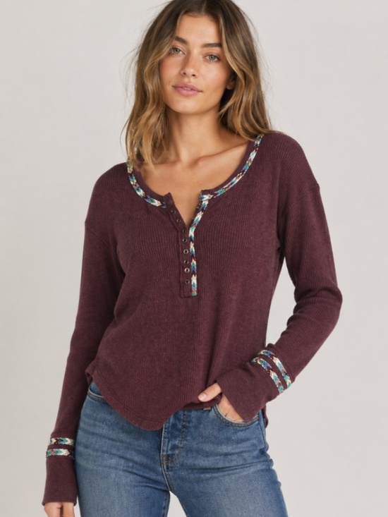 Free People Tops - Free People We The Free Waffle Knit Henley Top Womens XS Burgundy Thermal